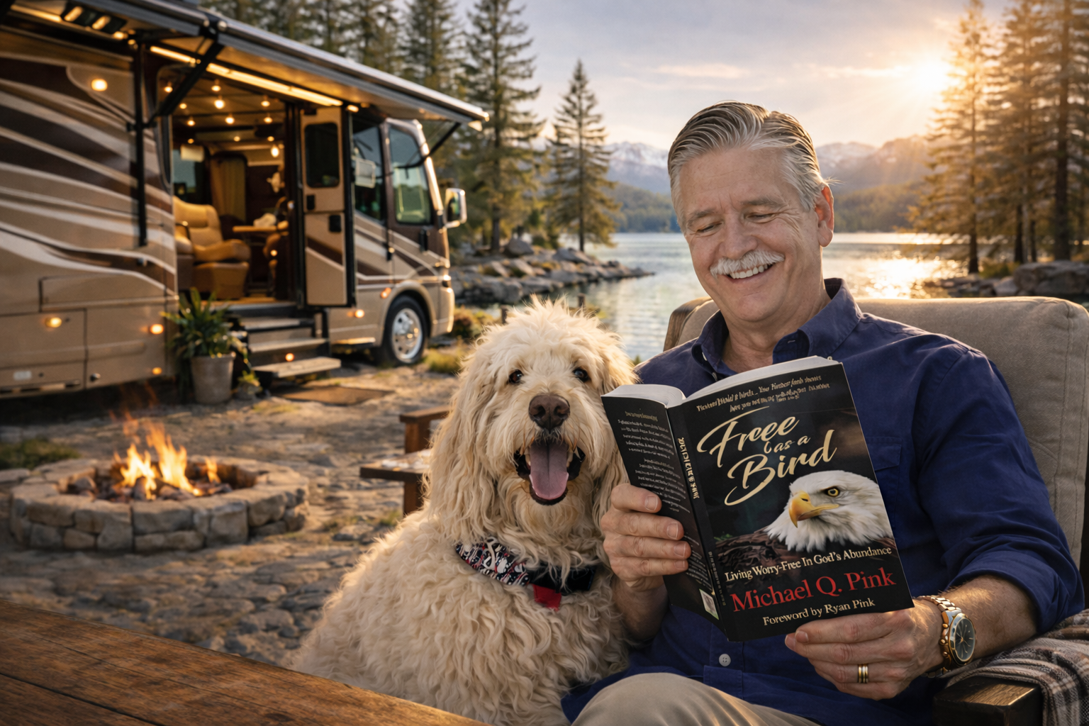 Reading by the lake at sunset
